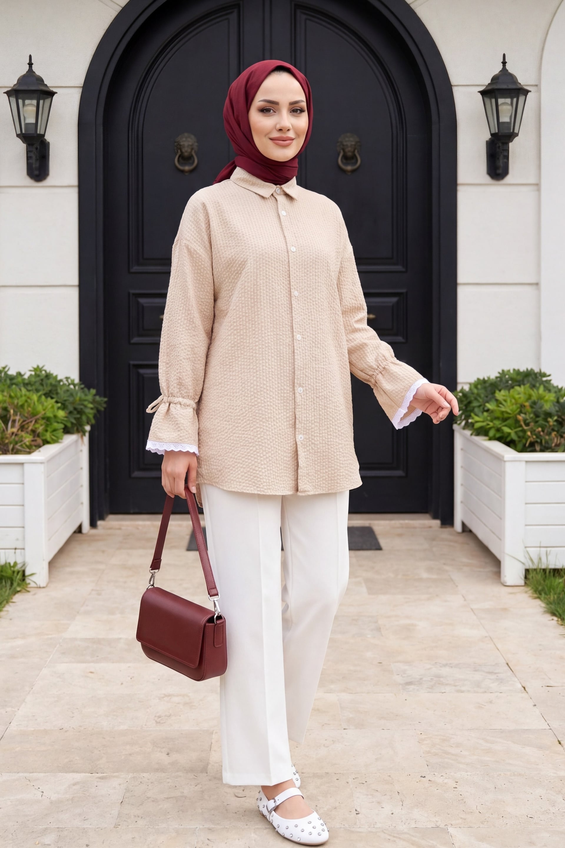 Women's Beige Ruffled Crinkle Blouse and Trousers Set with Tiered Lace Sleeves - Podyumplus - by Peralane - photo 4