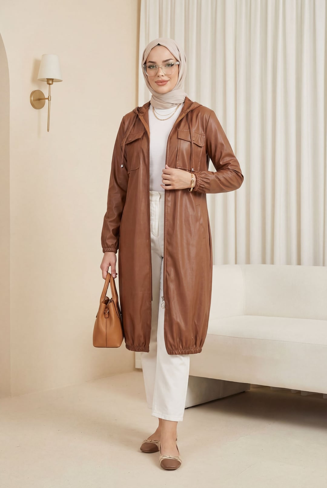 Long Hooded Faux Leather Jacket with Flap Pockets - Tan - Podyumplus - by Peralane
