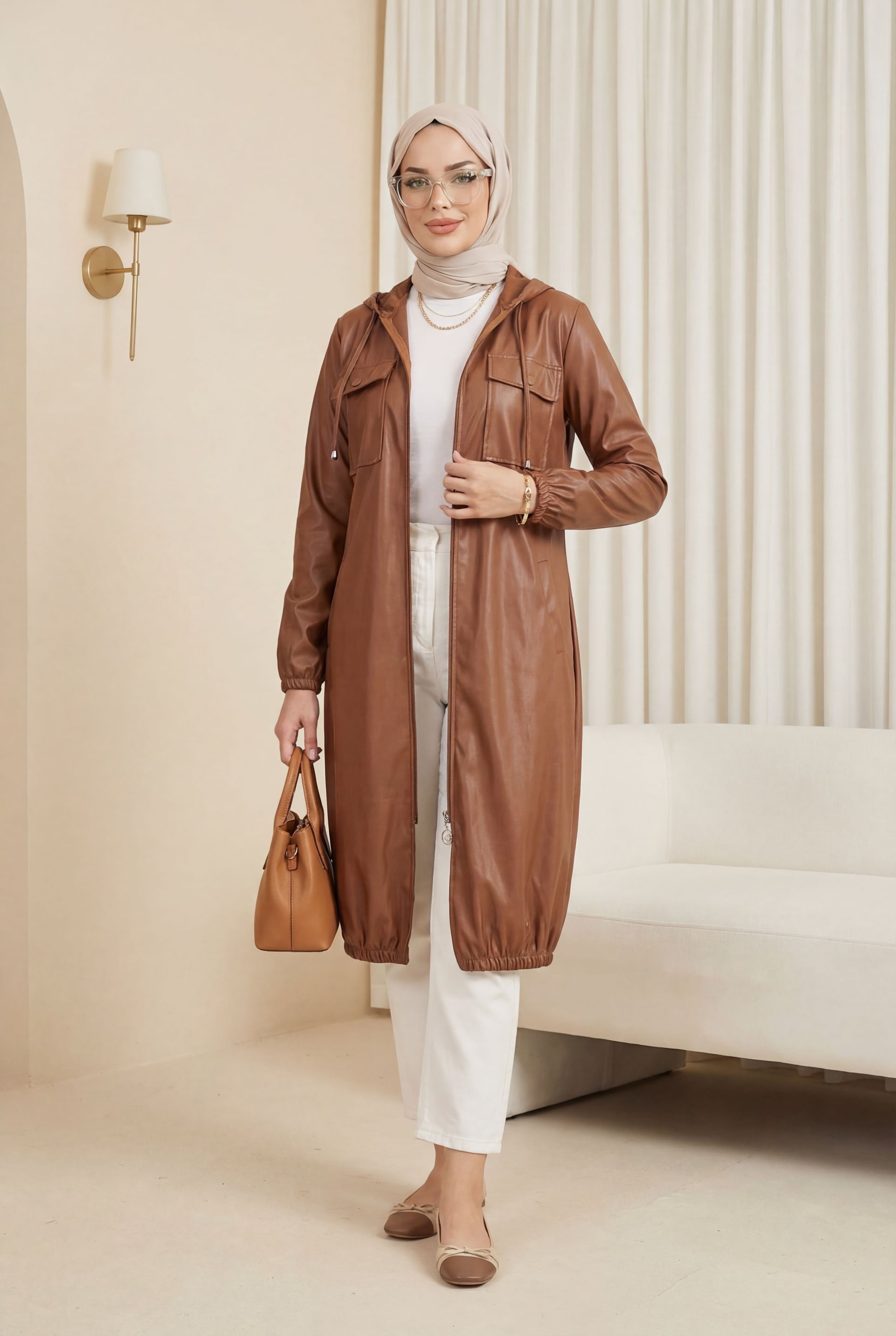 Long Hooded Faux Leather Jacket with Flap Pockets - Tan - Podyumplus - by Peralane
