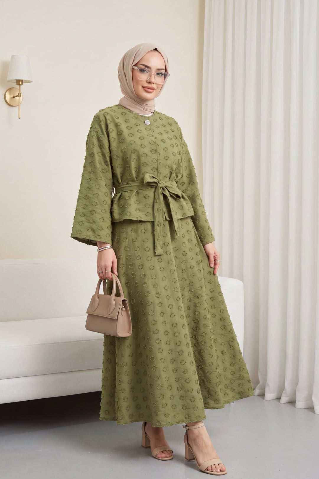 Single Button Embossed Embroidered Vual Crepe Two-Piece Set - Olive Green - Podyumplus - by Peralane - photo 2
