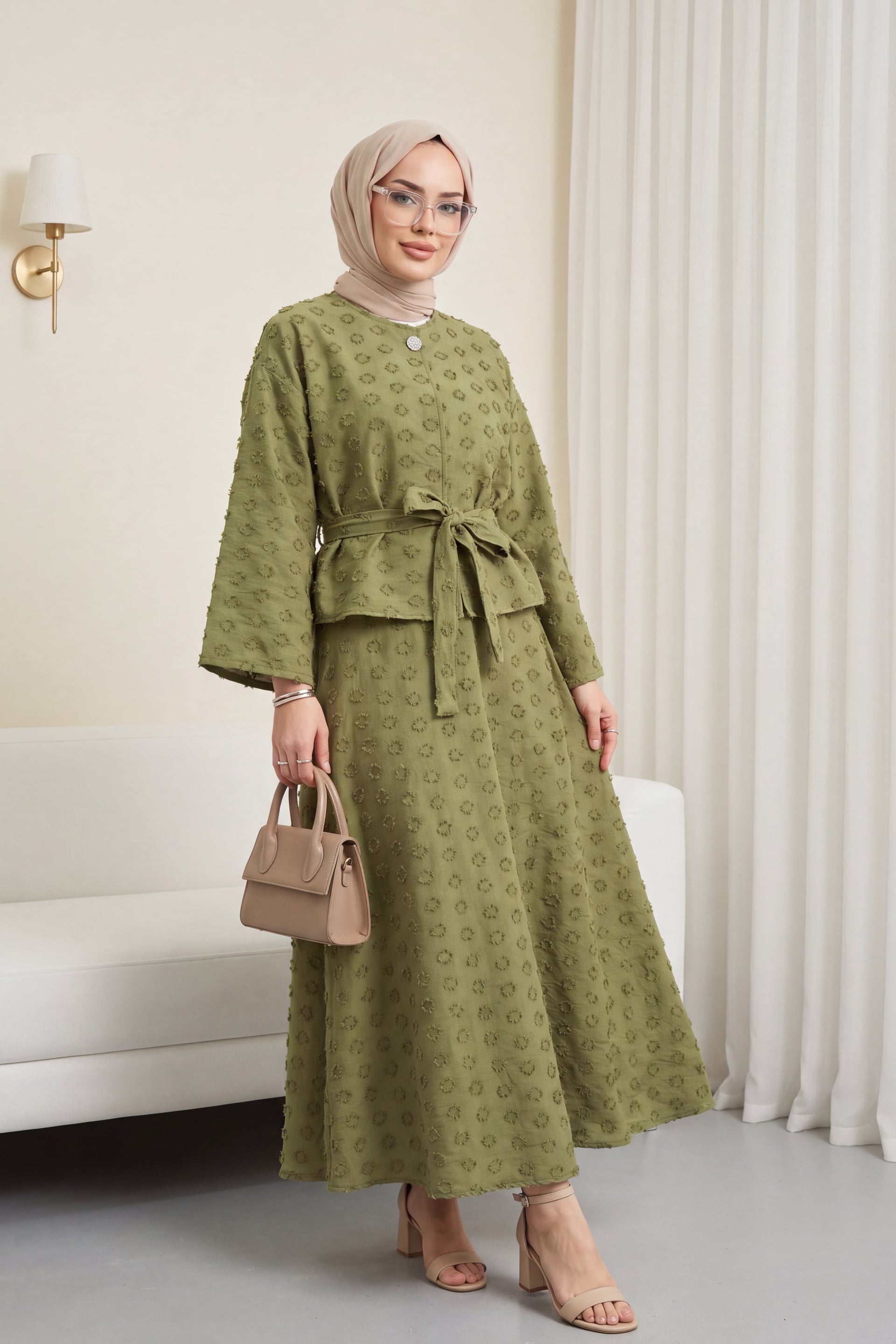 Single Button Embossed Embroidered Vual Crepe Two-Piece Set - Olive Green - Podyumplus - by Peralane - photo 2