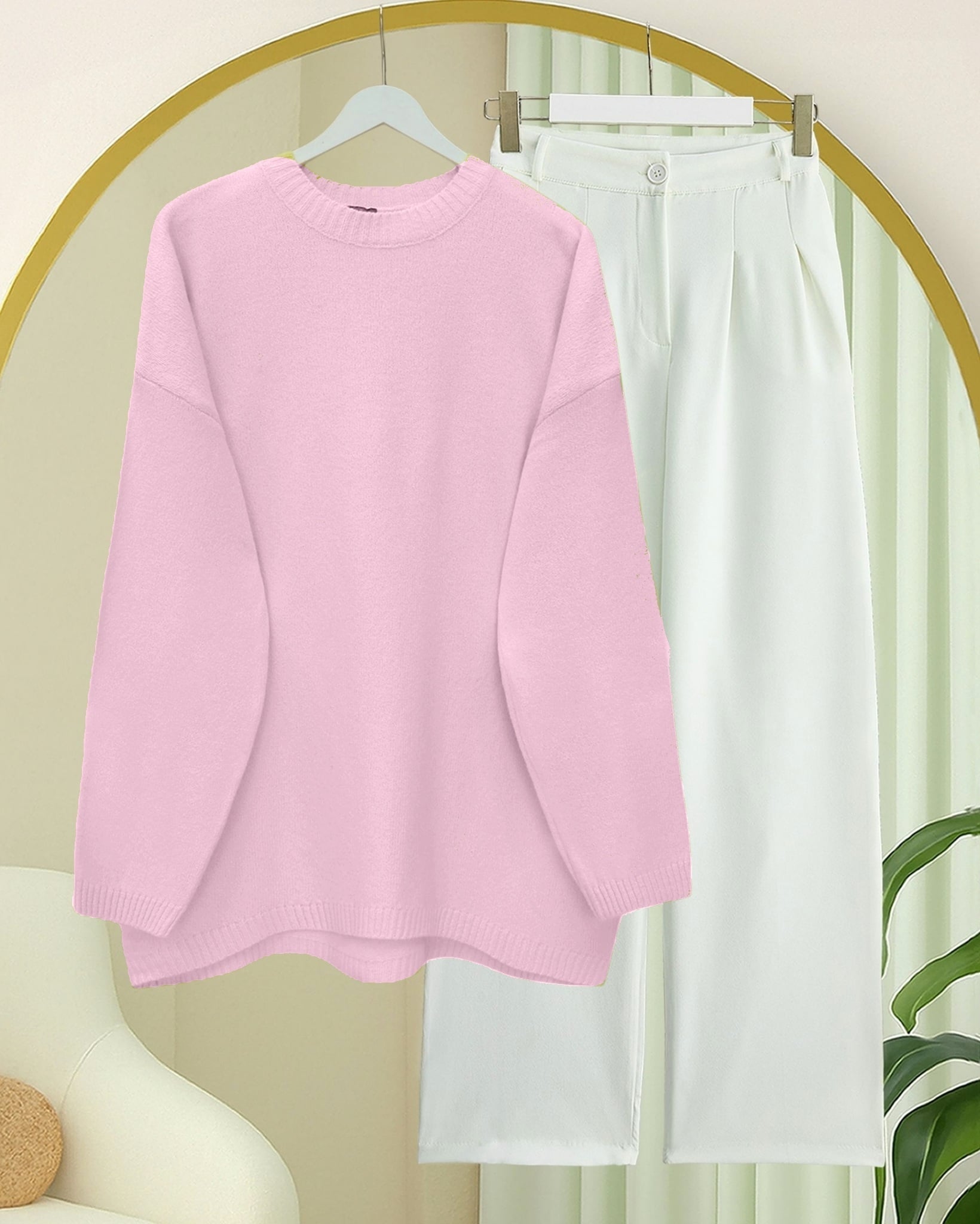 Round Neck Oversized Knit Sweater - Powder Pink - Podyumplus - by Peralane - photo 2