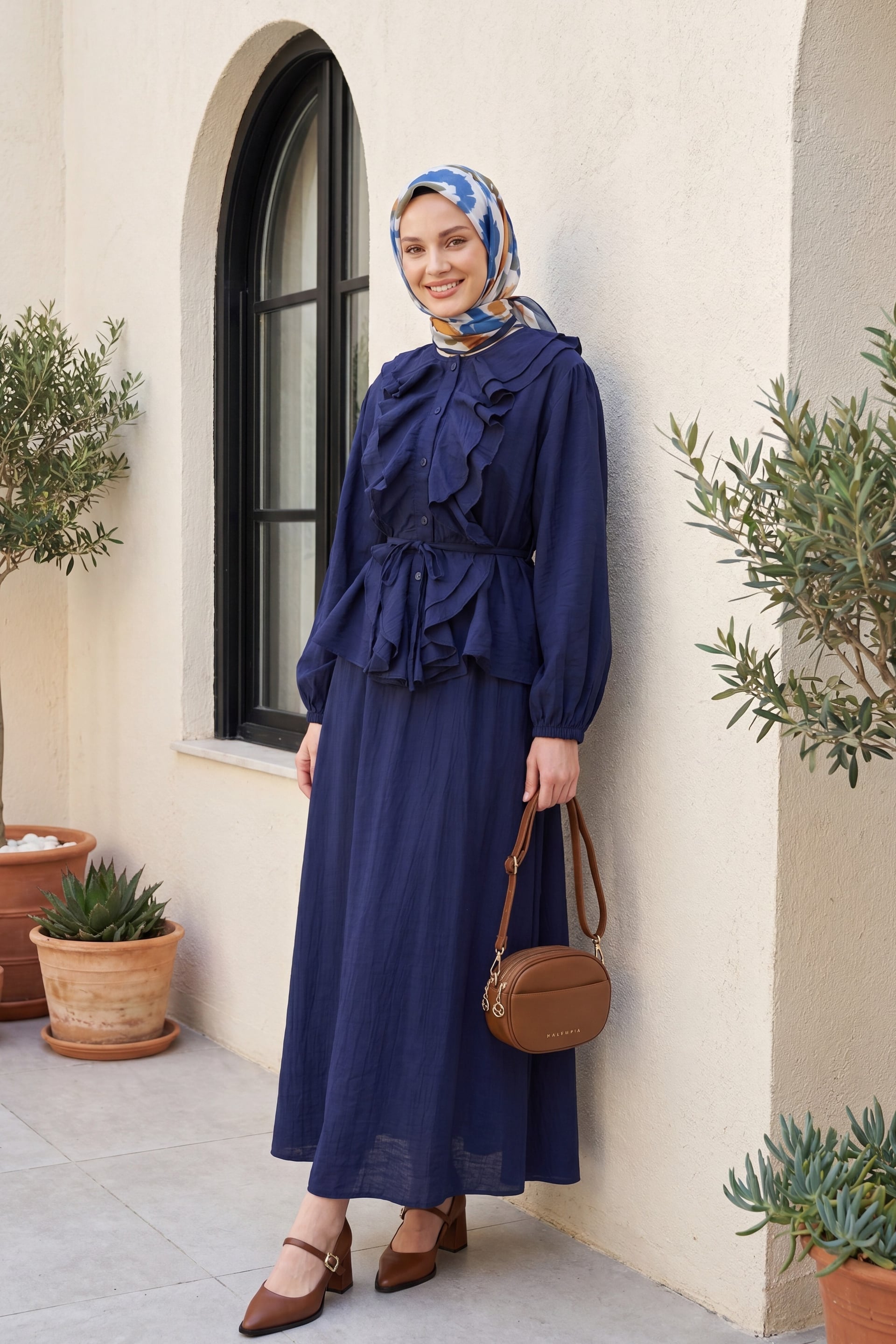 Navy Blue Ruffled Front Tie Waist Skirt Set - Podyumplus - by Peralane