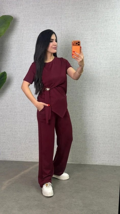 Women's Short-Sleeve Round Neck Side Buckle Detail Viscose Two-Thread Blouse and Trousers Co-ord Set - Janes - by Peralane