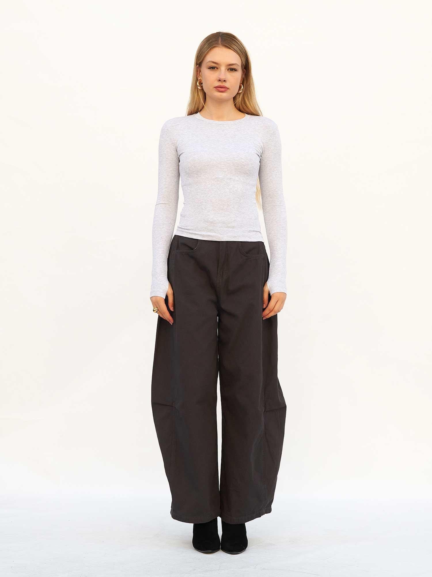 Light Grey Ribbed Knit Long-Sleeve T-Shirt with Thumbholes - Lefon - by Peralane - photo 2