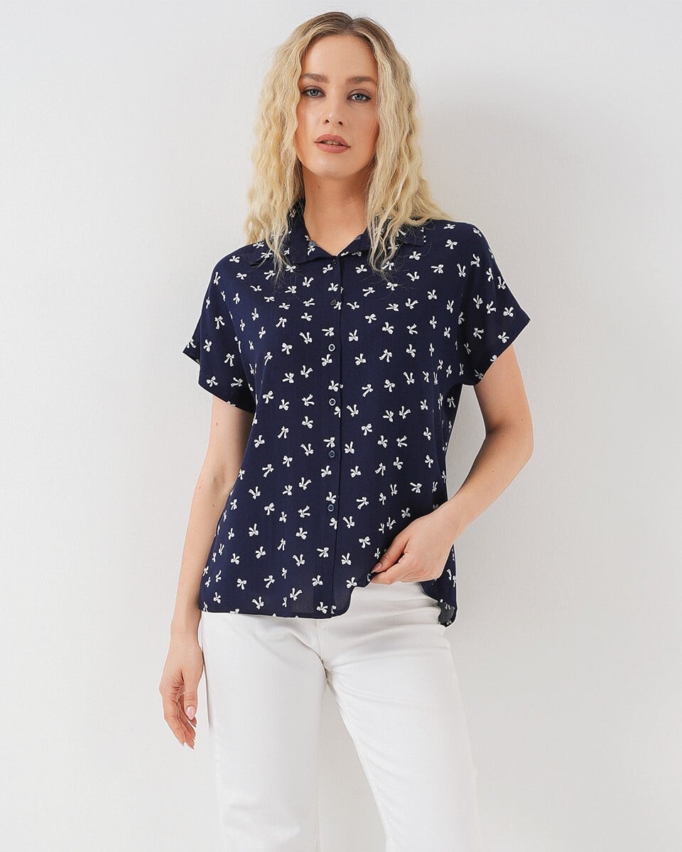 Women's Short Sleeve Patterned Blouse 20310 - Navy Blue - Wholeskop - by Peralane