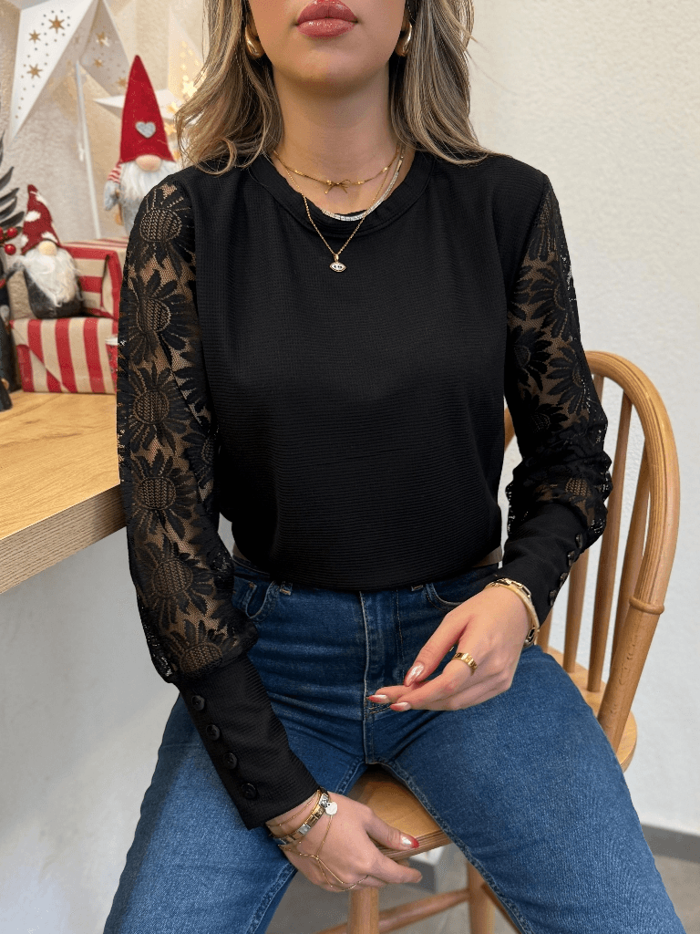 Women's Black Long Sleeve Crew Neck Waffle Blouse with Floral Lace Sleeves - Janes - by Peralane - photo 10