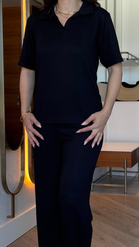 Women's Black V-Neck Short-Sleeve Blouse and Wide-Leg Trousers Two-Piece Set - Janes - by Peralane - photo 5