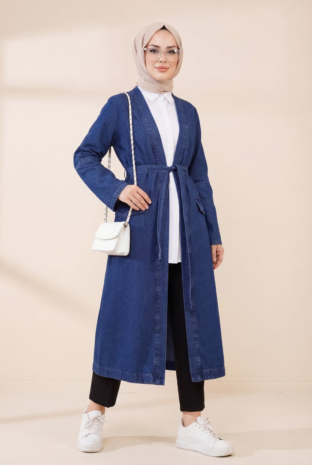 Indigo Tie Waist Long Denim Jacket with Pockets - Podyumplus - by Peralane