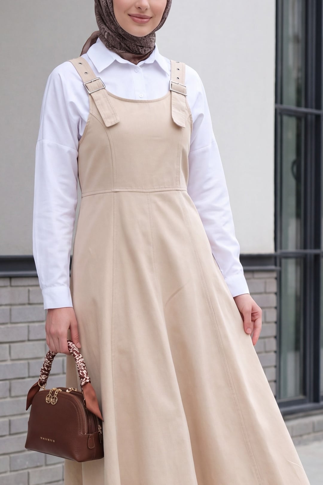 Half Zip Strap Gabardine Pinafore Dress - Beige - Podyumplus - by Peralane