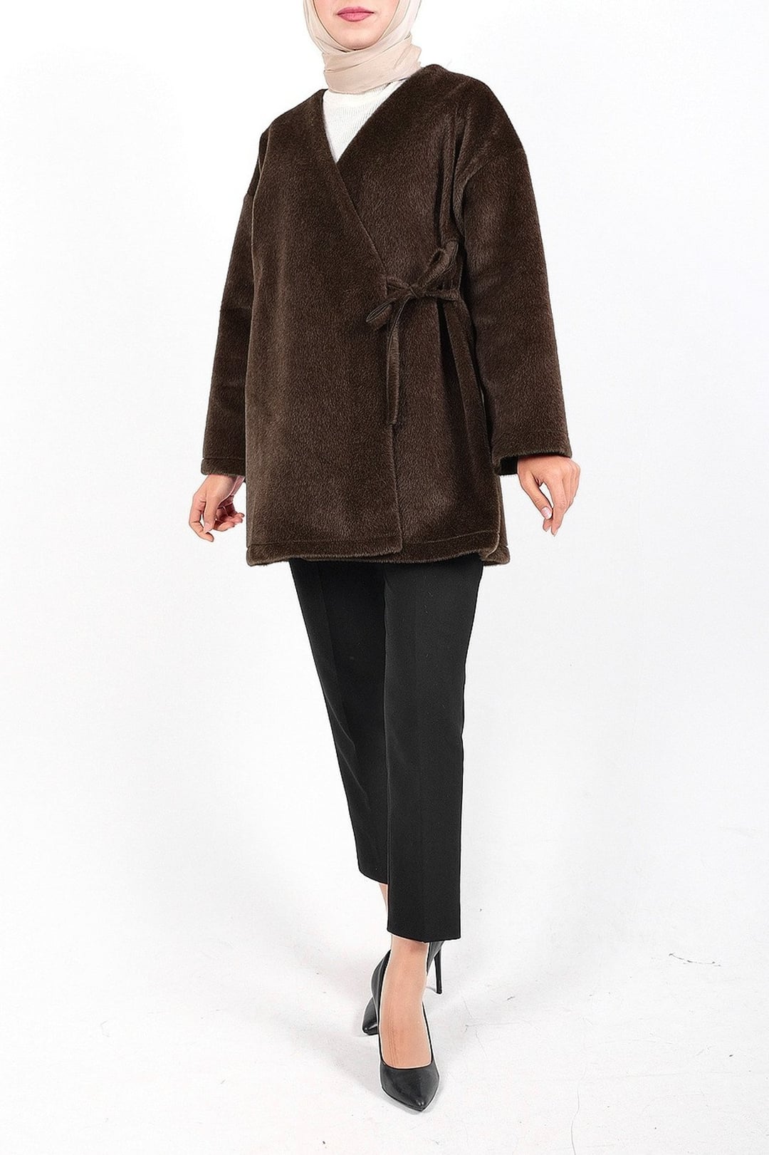 Side-Tie Faux Fur Wrap Jacket - Earth - Podyumplus - by Peralane