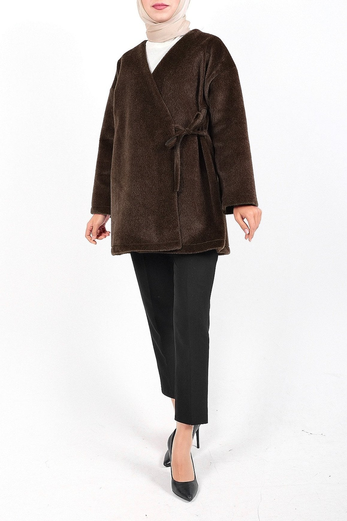 Side-Tie Faux Fur Wrap Jacket - Earth - Podyumplus - by Peralane