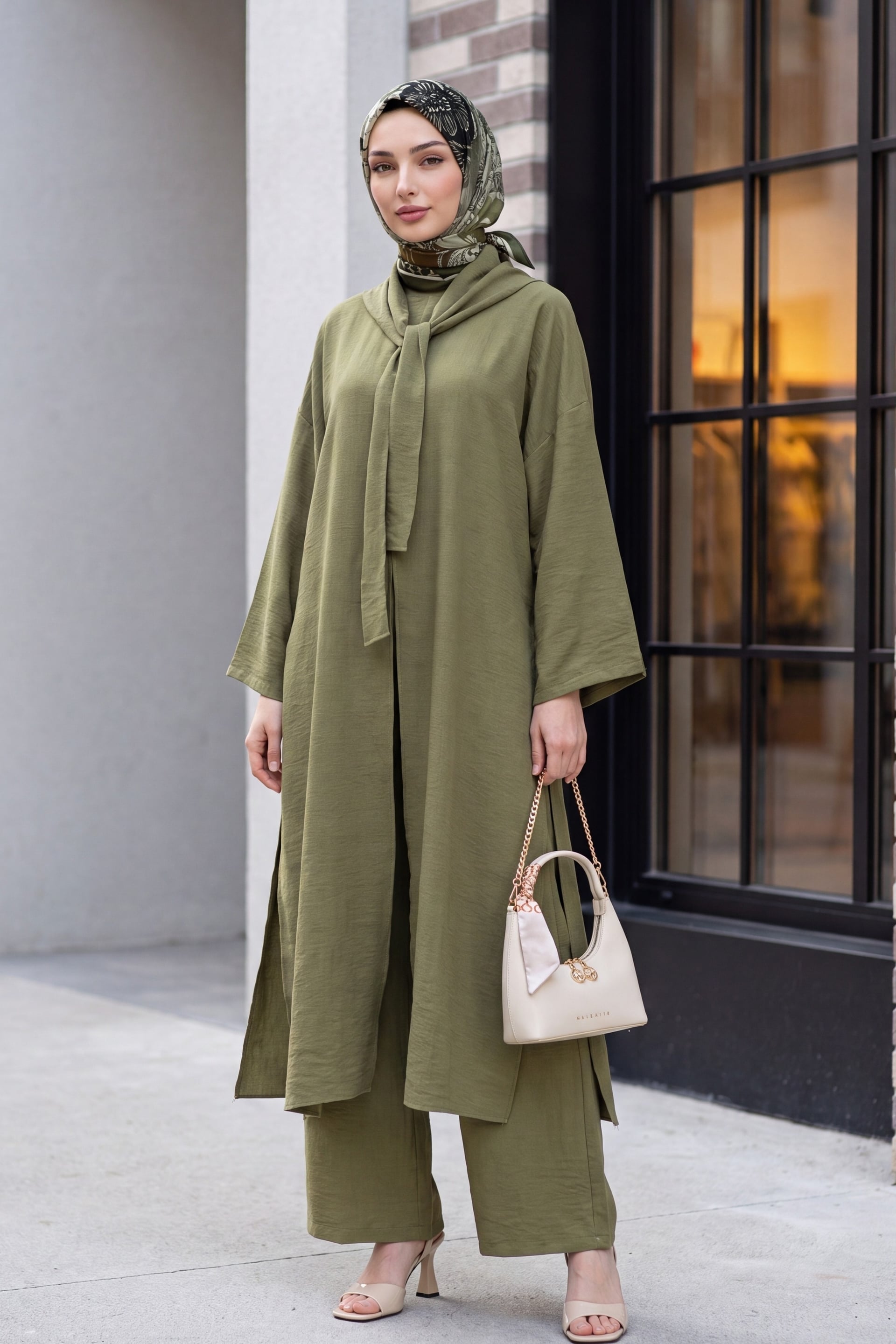 Olive Green Linen Modest Tunic and Wide-Leg Trouser Set with Scarf Detail - Podyumplus - by Peralane - photo 4
