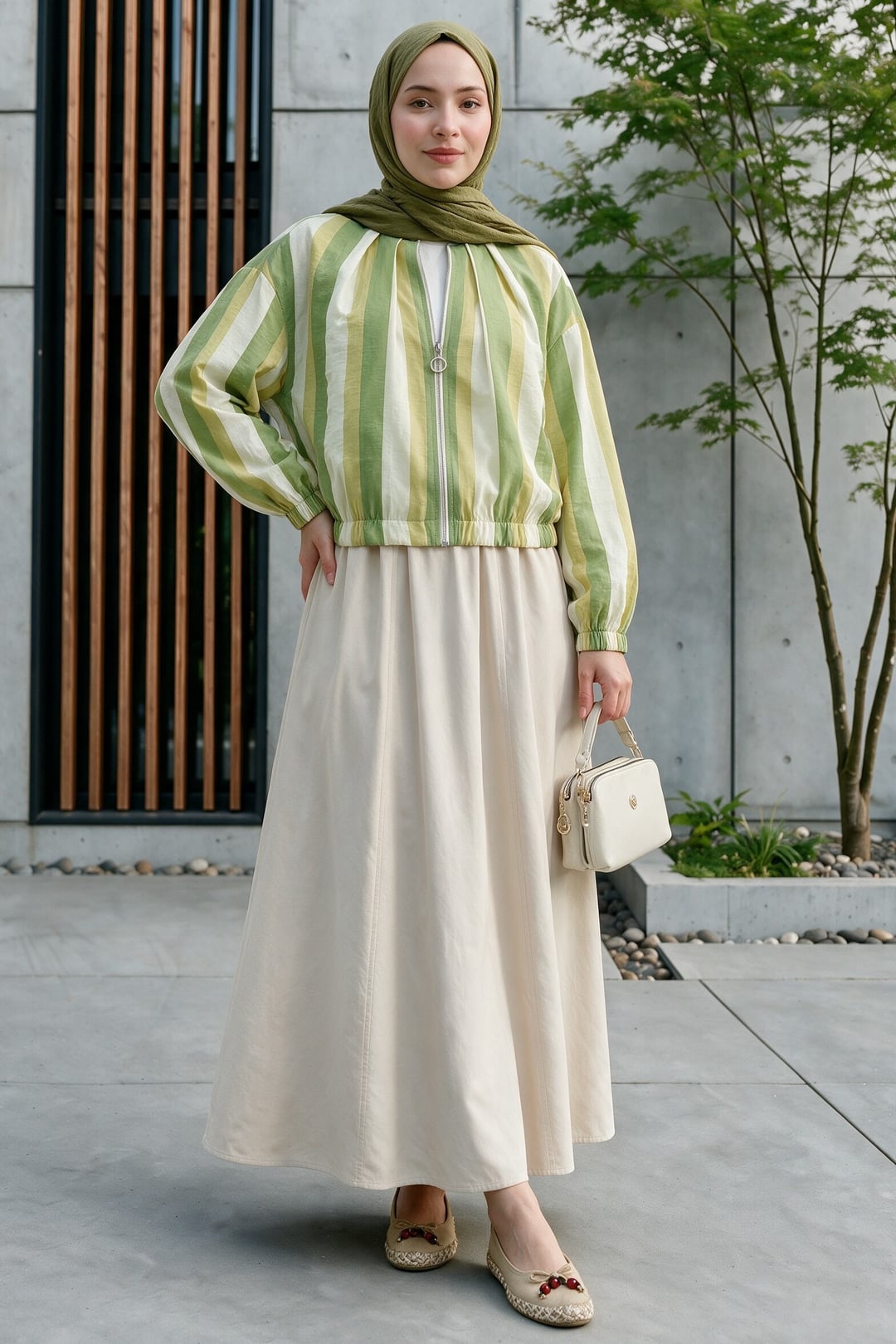 Elasticated Cuff and Hem Zip-Up Patterned Summer Jacket - Oil Green - Podyumplus - by Peralane - photo 4