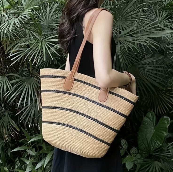 Striped Beige Black Straw Tote Bag - Nesvay - by Peralane