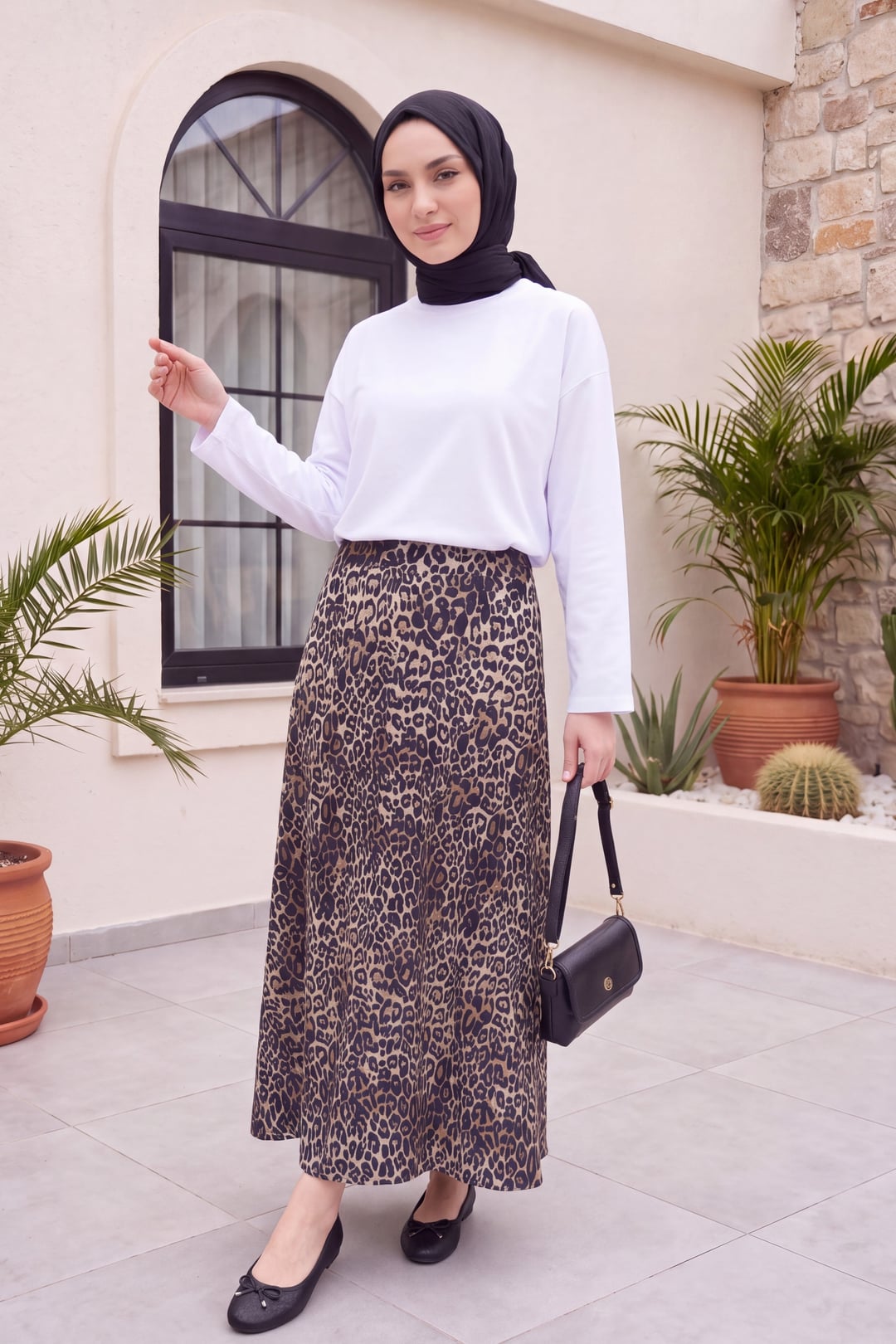 Leopard Print Elastic Waist Scuba Skirt - Ecru - Podyumplus - by Peralane - photo 2