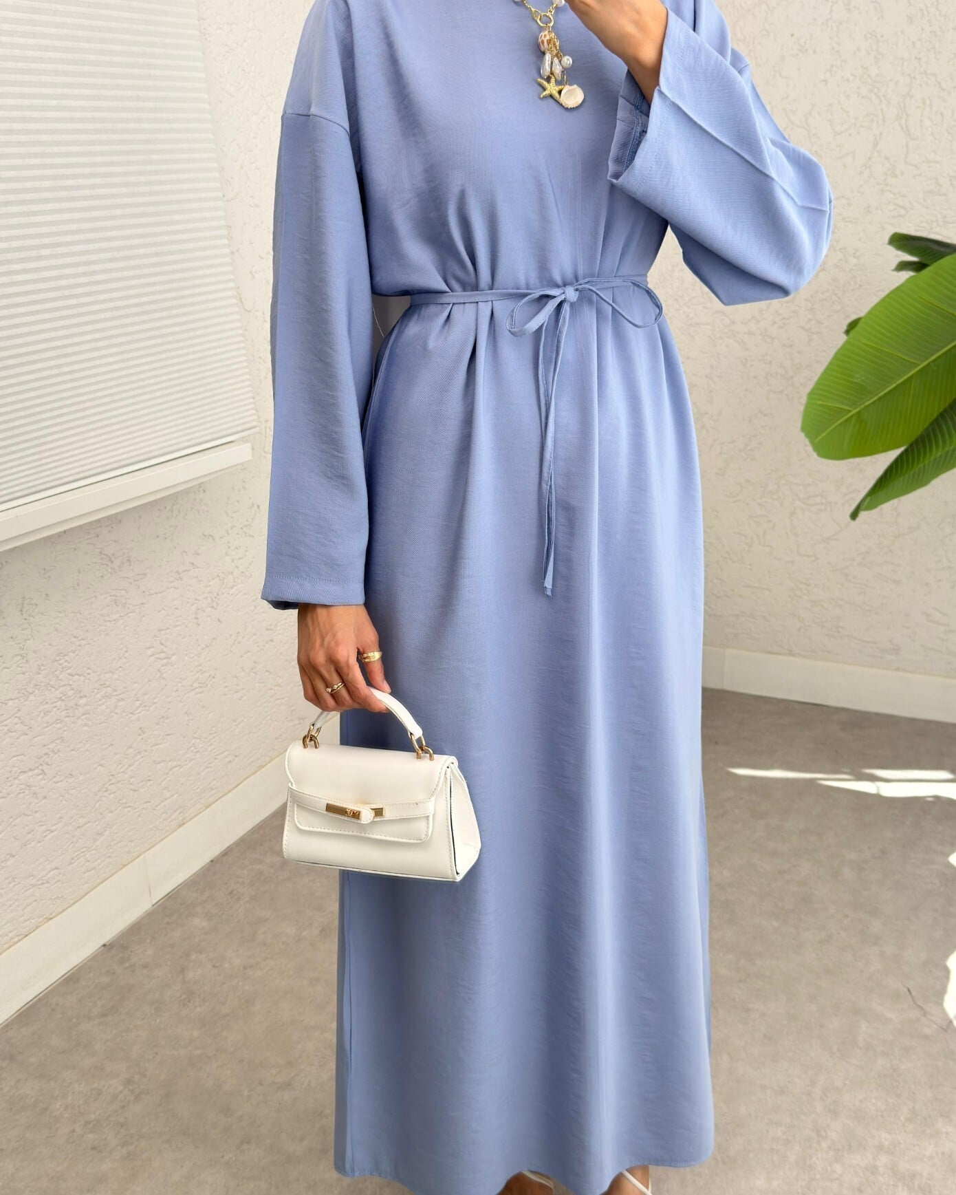 Blue Tie-Waist Linen Look Dress with Back Zipper - Podyumplus - by Peralane - photo 4