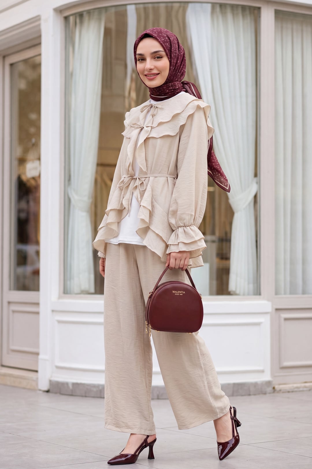 Ruffled Collar Tie Waist Modest Set with Wide-Leg Trousers - Stone - Podyumplus - by Peralane
