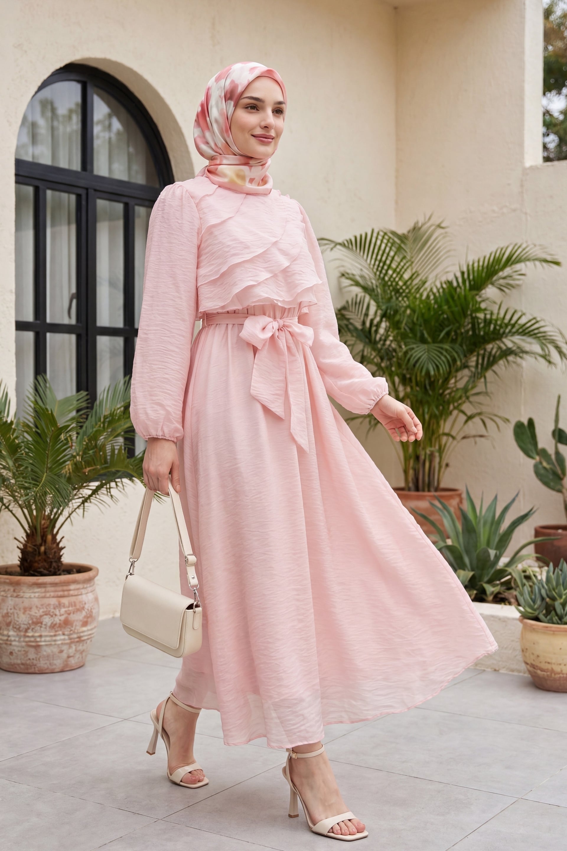 Powder Pink Ruffled Balloon Sleeve Lined Chiffon Dress with Elastic Belt - Podyumplus - by Peralane - photo 2