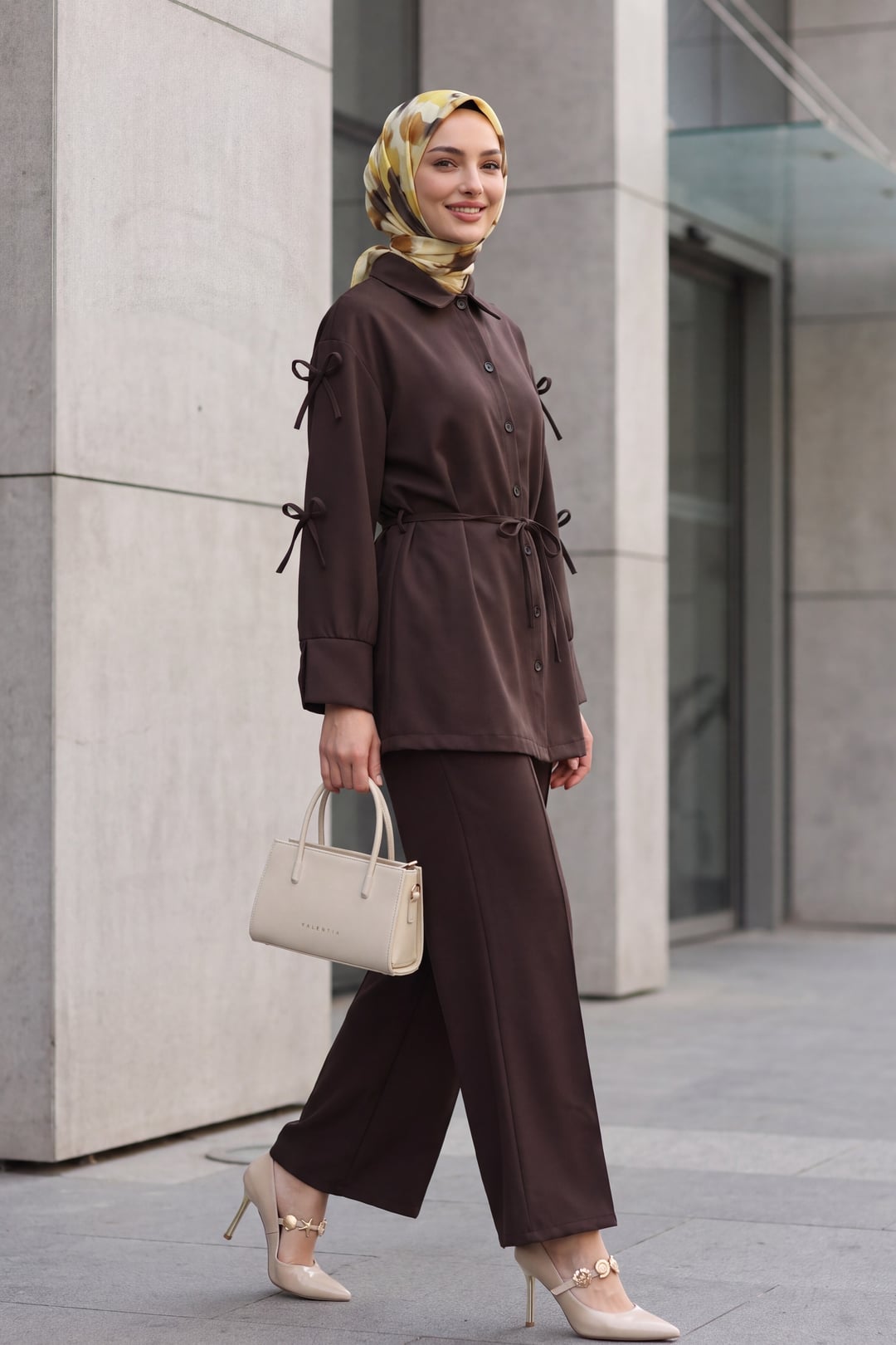 Bow Detail Crepe Tunic and Trousers Set - Dark Brown - Podyumplus - by Peralane - photo 3