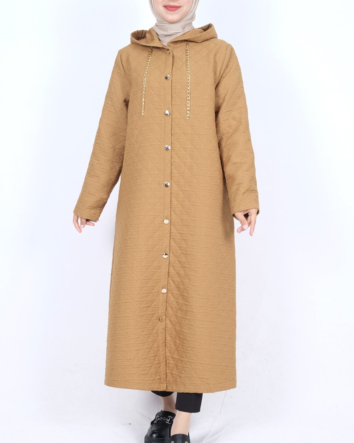 Hooded Chain Detail Quilted Coat - Cinnamon - Podyumplus - by Peralane - photo 2