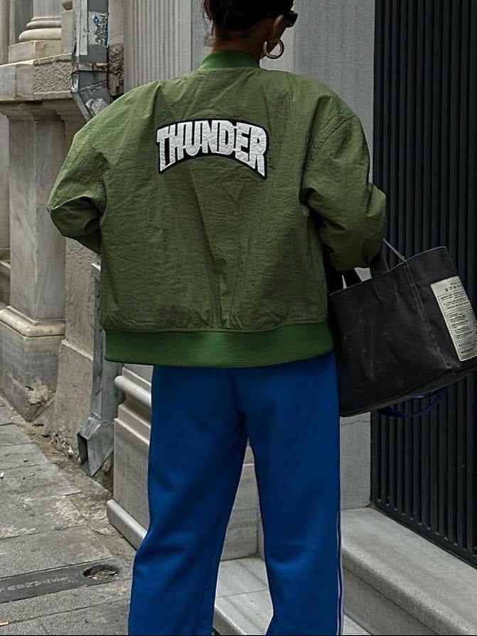 Zippered Embroidered Jacket with Olive Bomber and Blue Track Pants Set - Green - Modabessa - by Peralane - photo 2