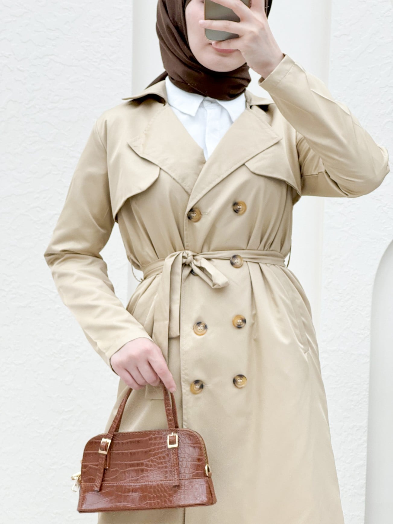 Beige Double-Breasted Trench Coat with Shawl Collar and Tie Belt - Podyumplus - by Peralane - photo 2