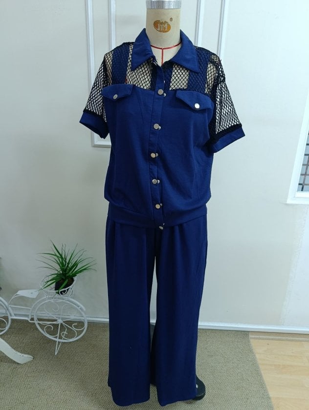Women's Short-Sleeve Collared Mesh Detail Shirt and Wide-Leg Trousers Set - Janes - by Peralane - photo 4