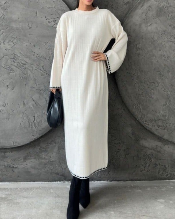 Ribbed Long Knit Dress - Ecru - Podyumplus - by Peralane - photo 3