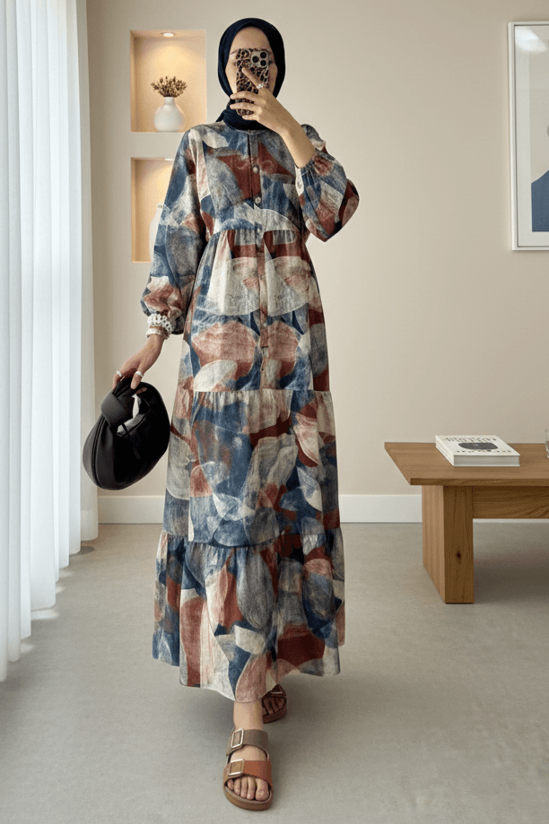 Half Button Long Sleeve Batik Print Maxi Dress - Terracotta - Podyumplus - by Peralane