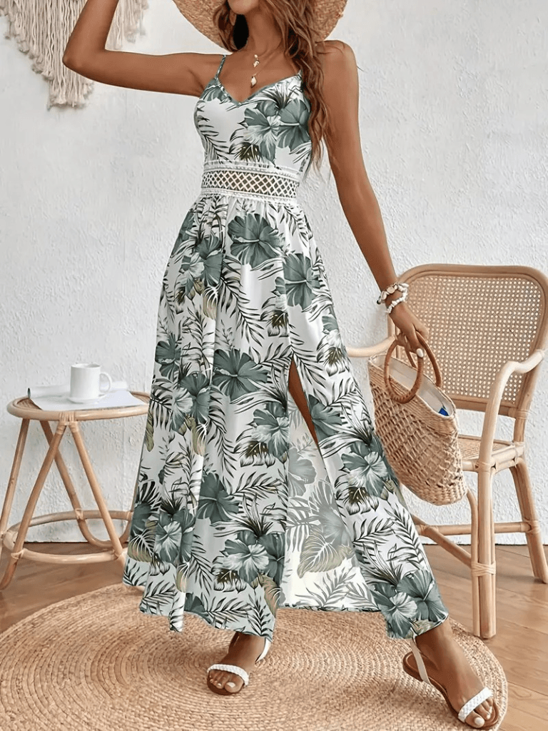 Women's Spaghetti Strap V-Neck Crochet Waist Floral Maxi Dress - Janes - by Peralane - photo 4
