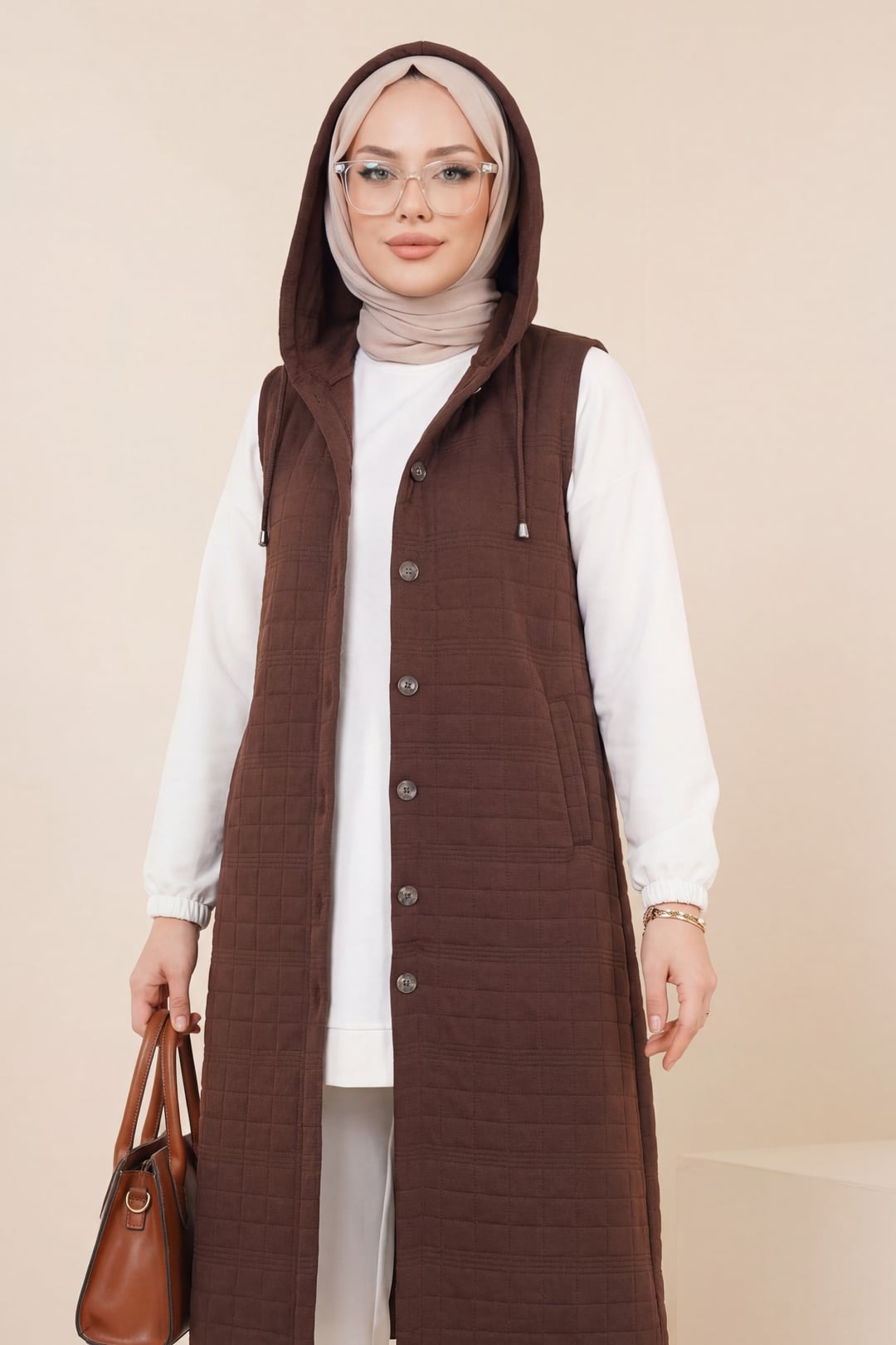 Women's Chain Detail Hooded Quilted Vest - Brown - Podyumplus - by Peralane - photo 2