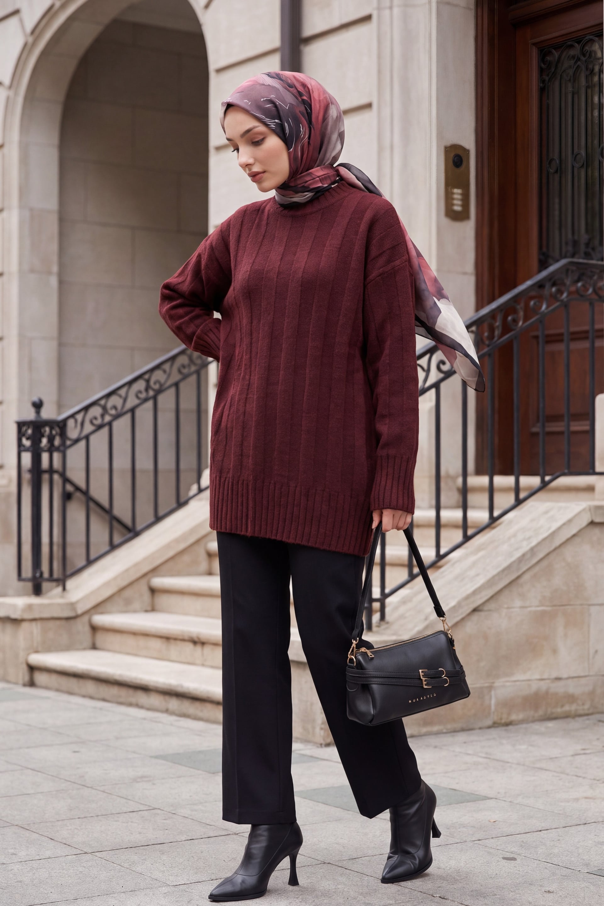 Half-Collar Striped Soft Knit Sweater - Burgundy - Podyumplus - by Peralane - photo 2