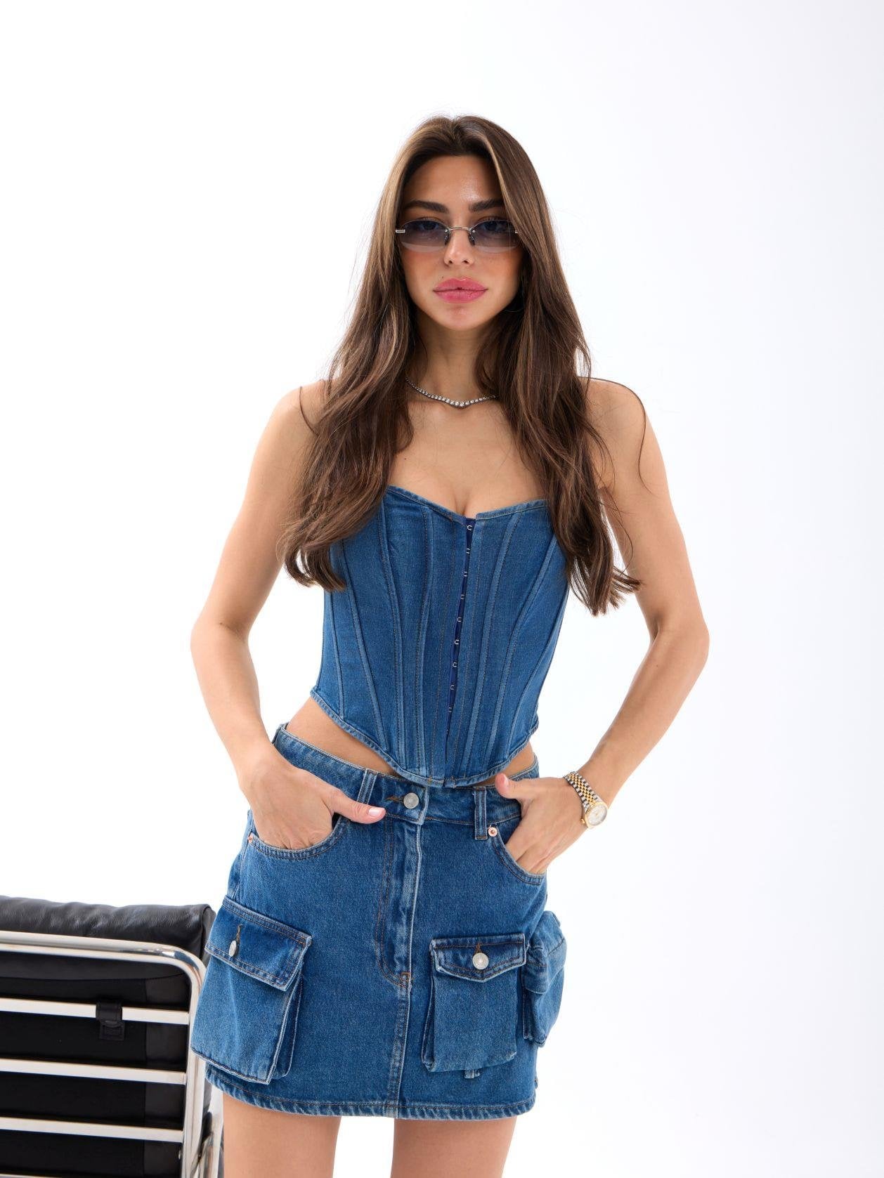 Blue Denim Corset Top with Sweetheart Neckline - Fame - by Peralane