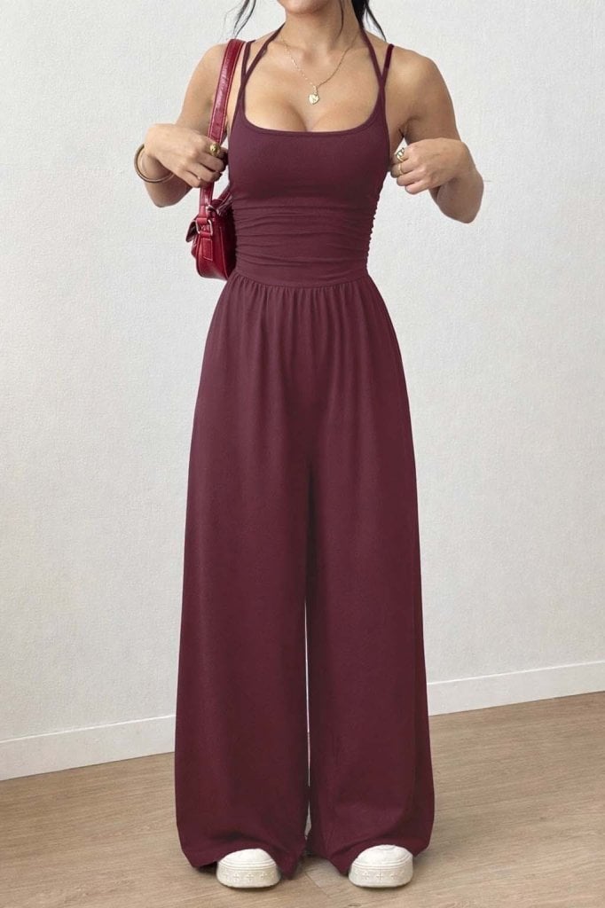 Women's Sleeveless Square Neck Wide-Leg Jumpsuit in Burgundy - Janes - by Peralane