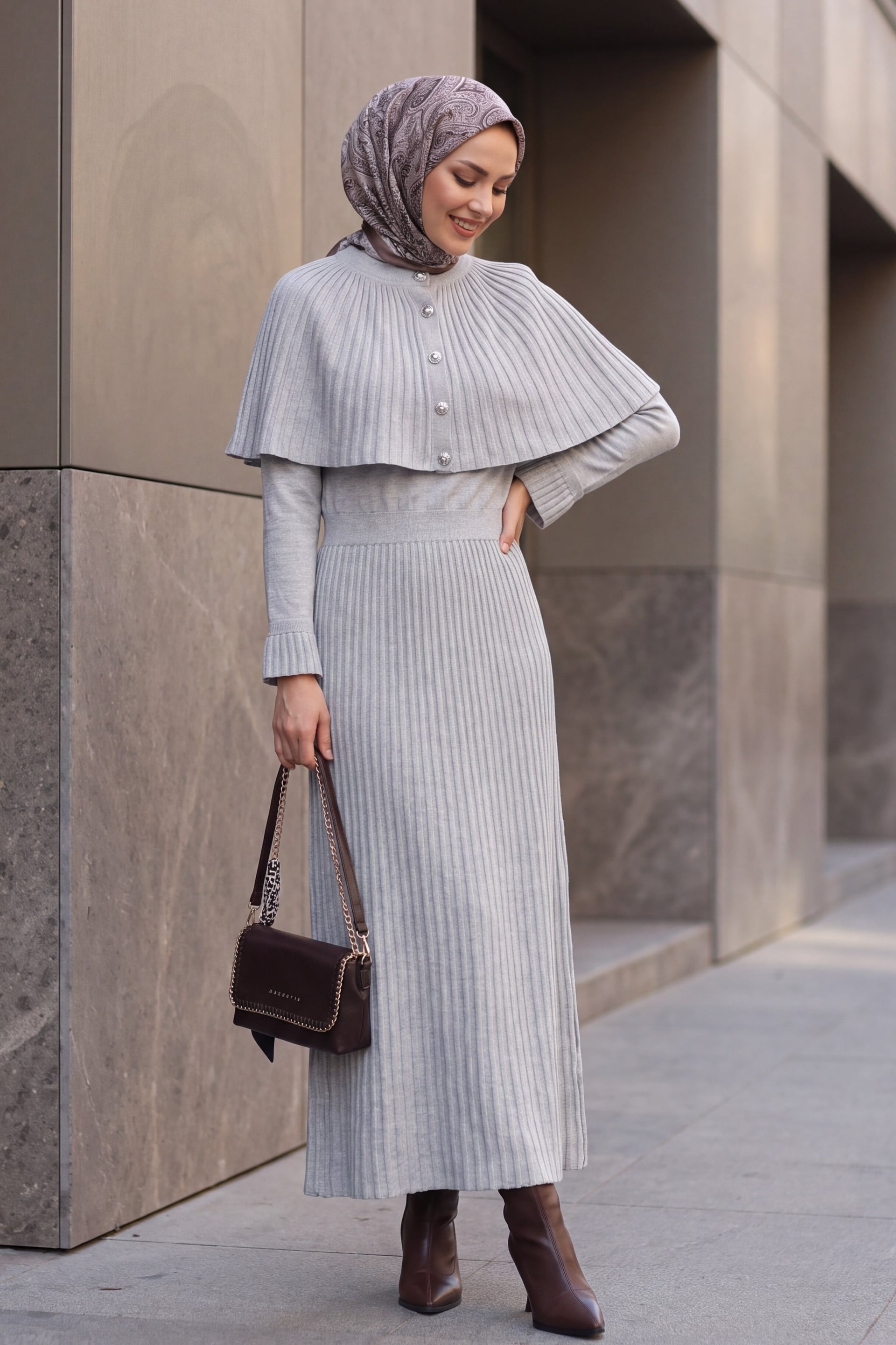 Ribbed Knit Long Dress with Capelet Detail - Stone - Podyumplus - by Peralane - photo 4