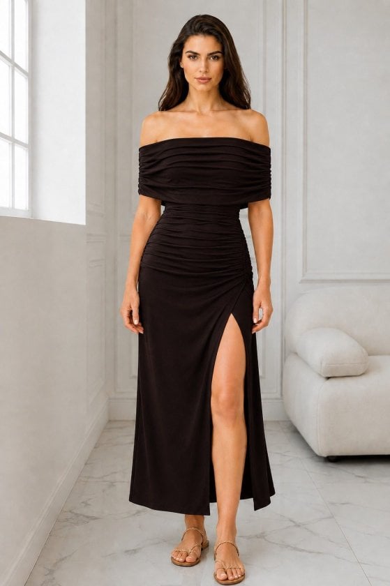 Women's Off-Shoulder Ruched Maxi Dress with Side Slit - Janes - by Peralane