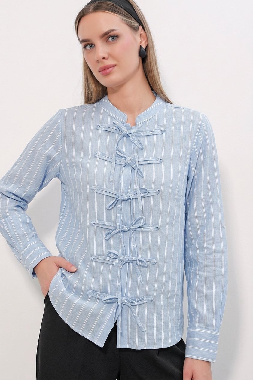 Women's Striped Tie-Front Mandarin Collar Blouse 20404 - Blue - Bigdart - by Peralane