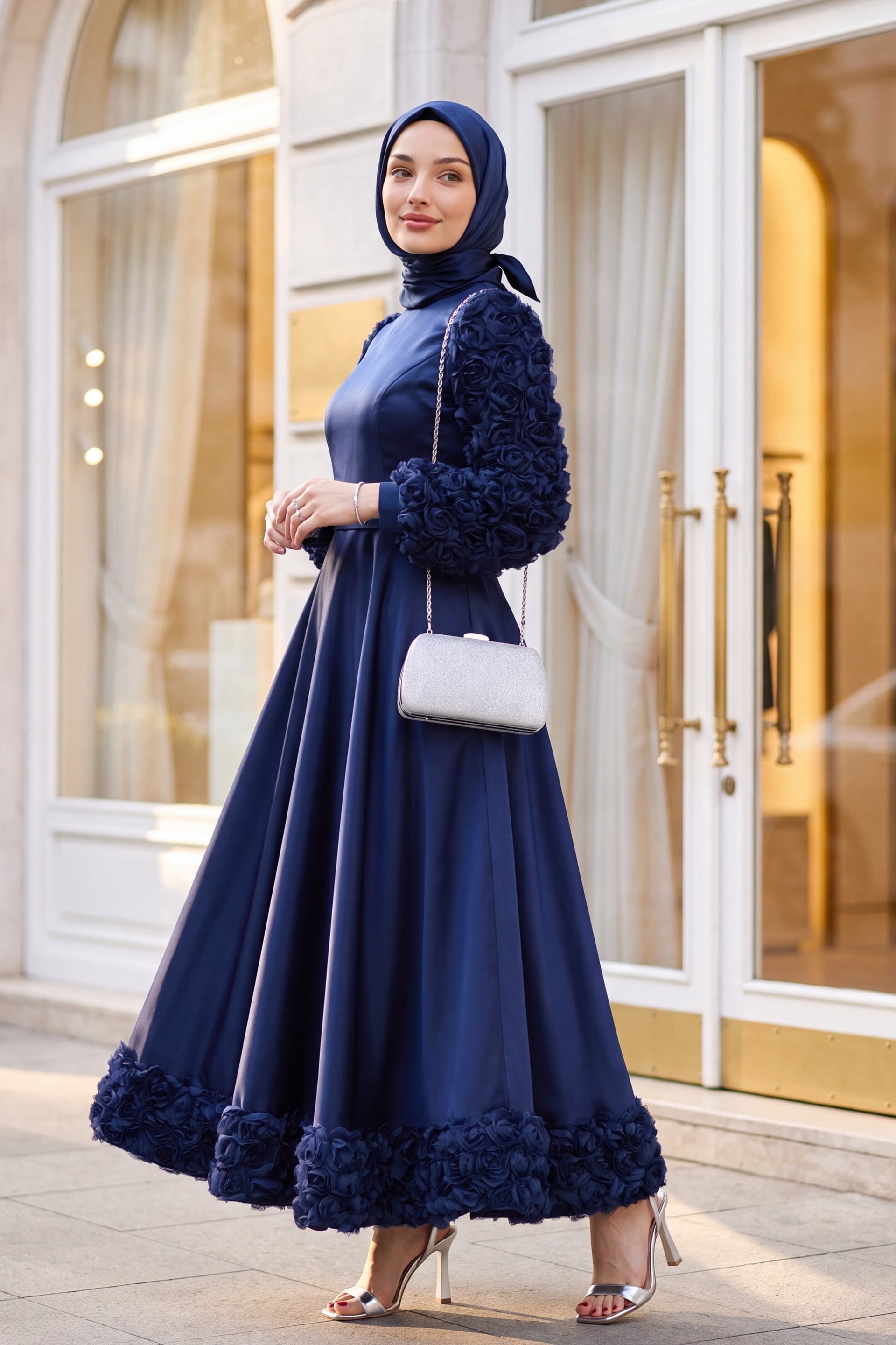 Navy Blue Rose Detail Satin Formal Dress - Podyumplus - by Peralane