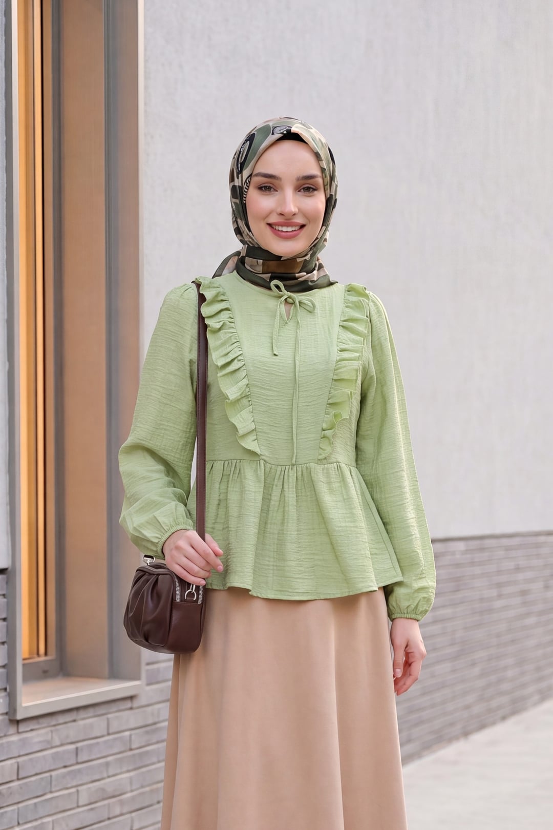 Crinkle Blouse with Tie Neckline and Ruffled Front - Light Green - Podyumplus - by Peralane - photo 4