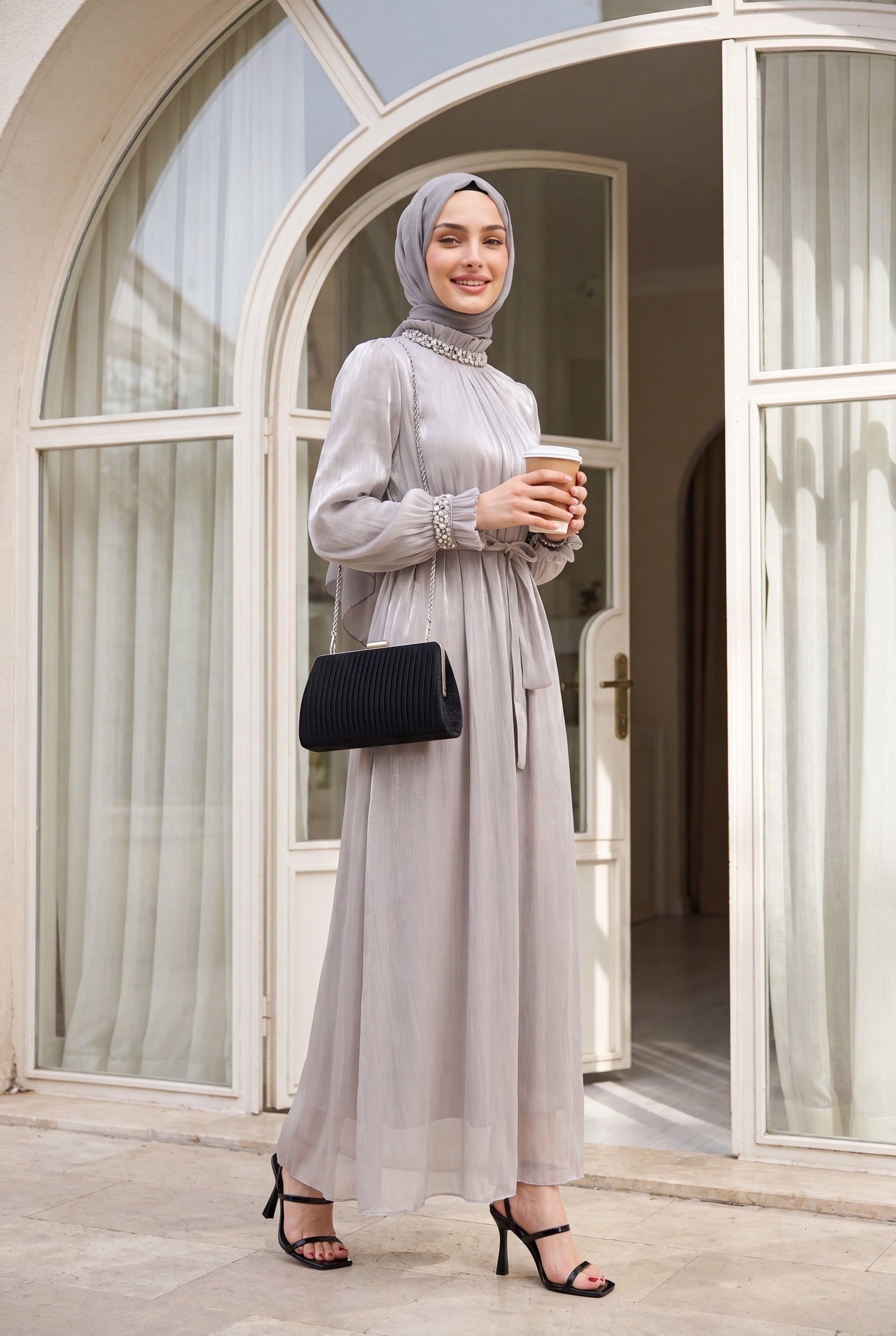 Stone-Colored Rhinestone Trimmed Long Sleeve Balloon Sleeve Belted Shimmer Chiffon Formal Dress - Podyumplus - by Peralane - photo 2
