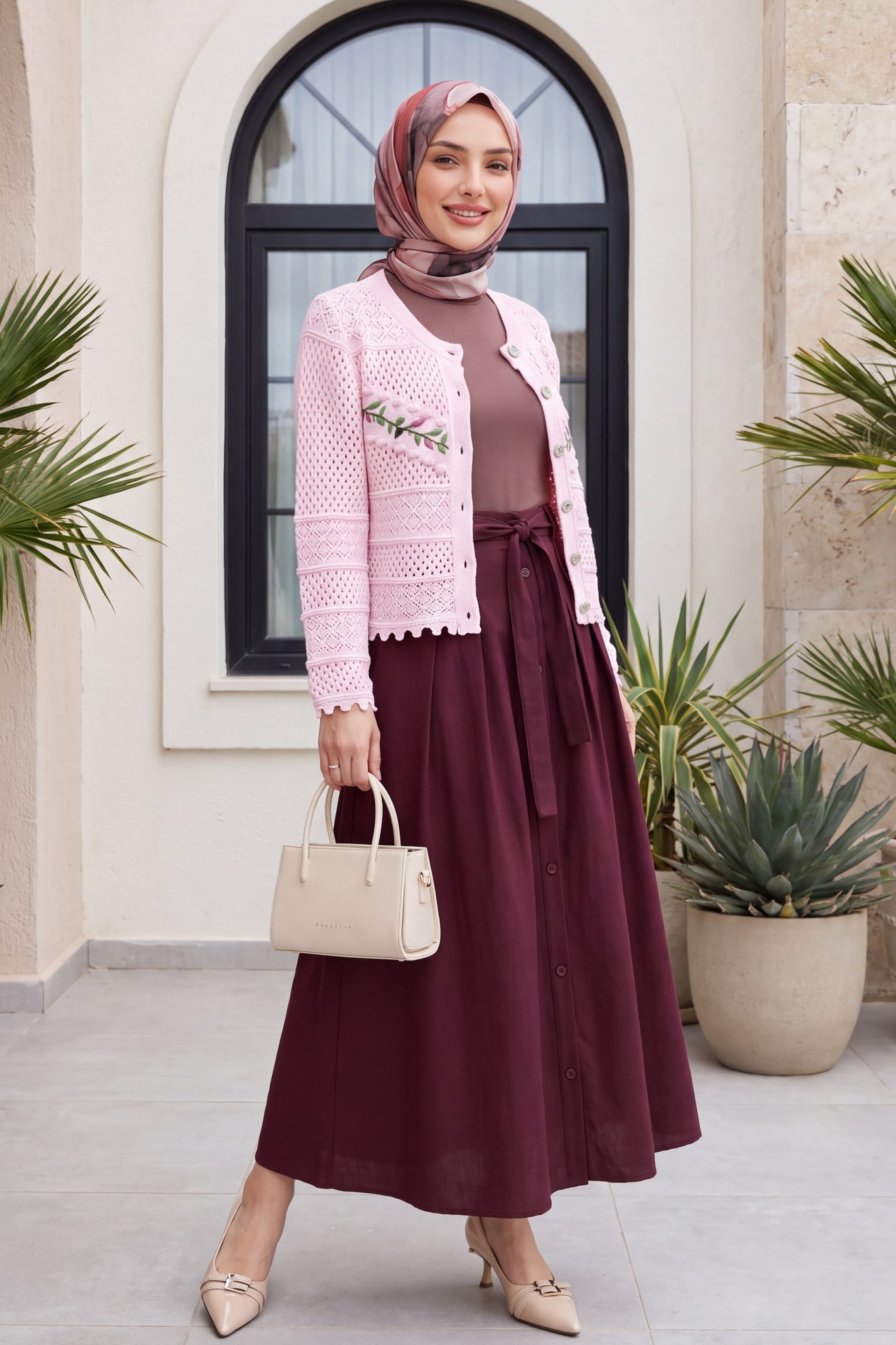 Embroidered Open-Knit Cardigan with Button Front - Pink - Podyumplus - by Peralane - photo 4
