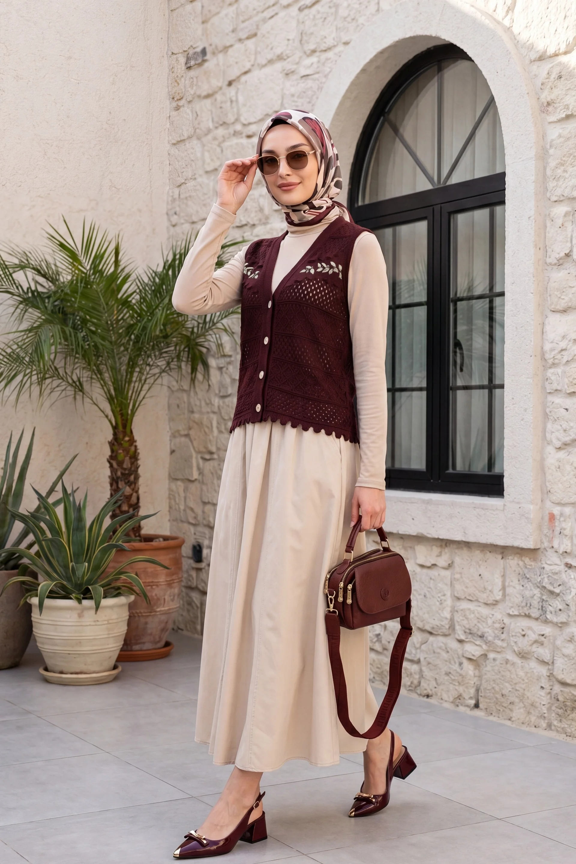 Leaf Embroidered Eyelet Pompom Knitted Vest - Burgundy - Podyumplus - by Peralane - photo 2