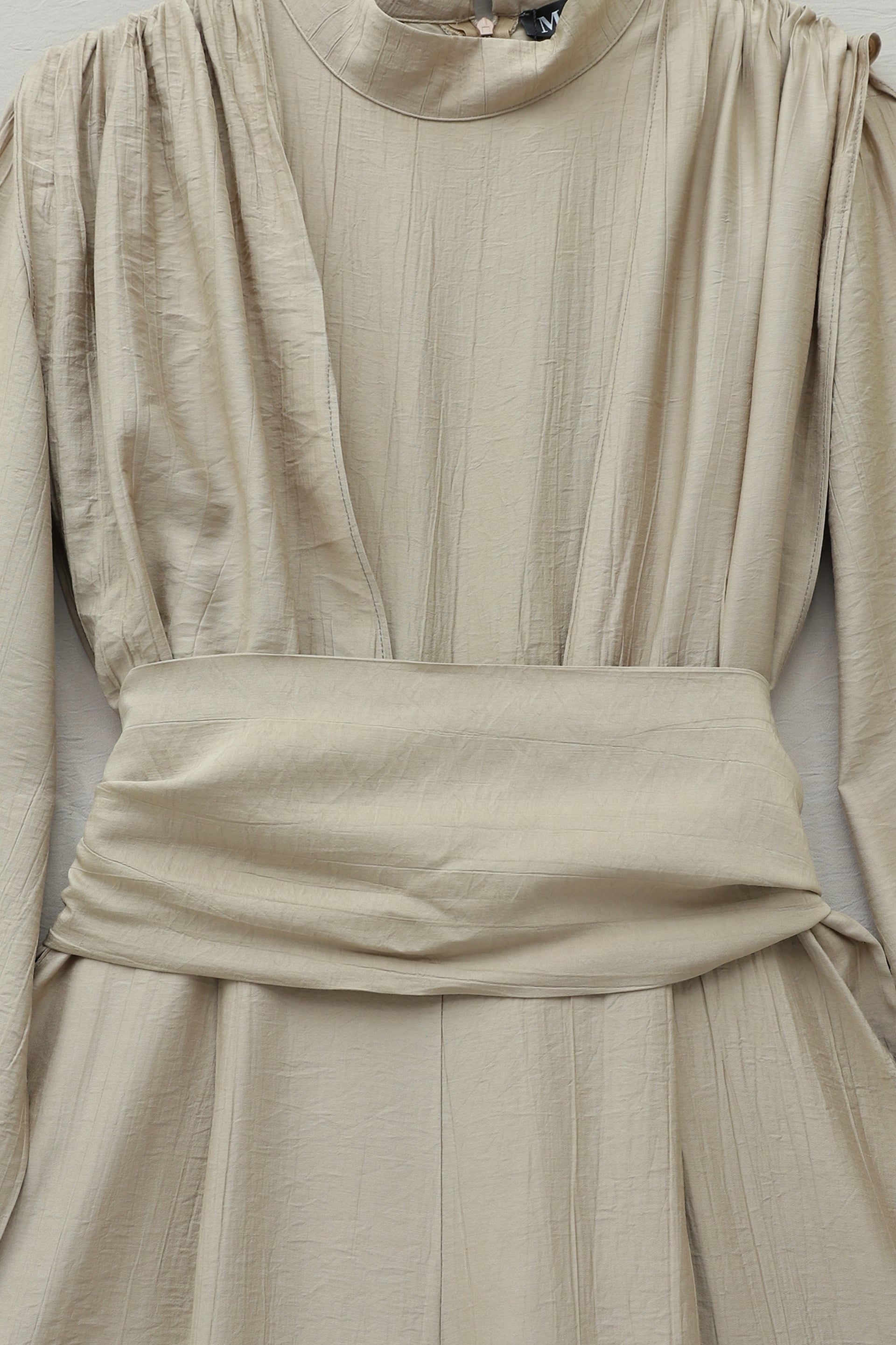 High Neck Pleated Detail Pocketed Belted Jumpsuit - Beige - Podyumplus - by Peralane - photo 6
