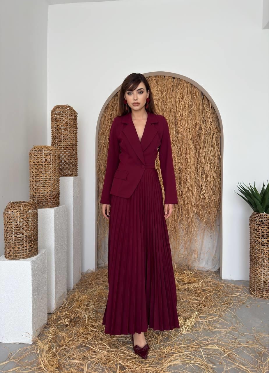 Burgundy Pleated Skirt and Blazer Co-ord Set for Women - Etika - by Peralane - photo 3