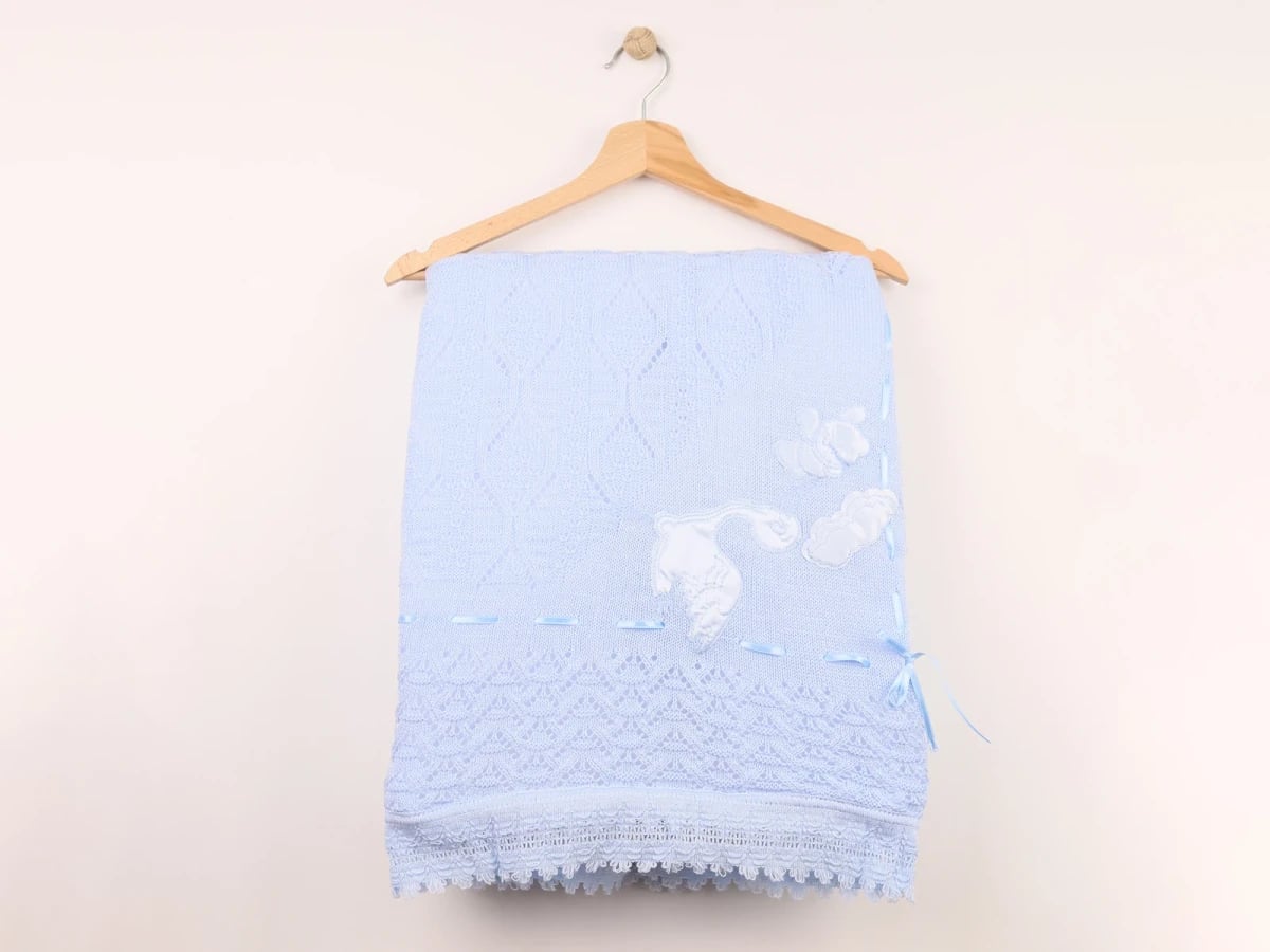 Lace Trim Baby Blanket with Stork Embroidery and Applique Clouds - Mizmiz - by Peralane