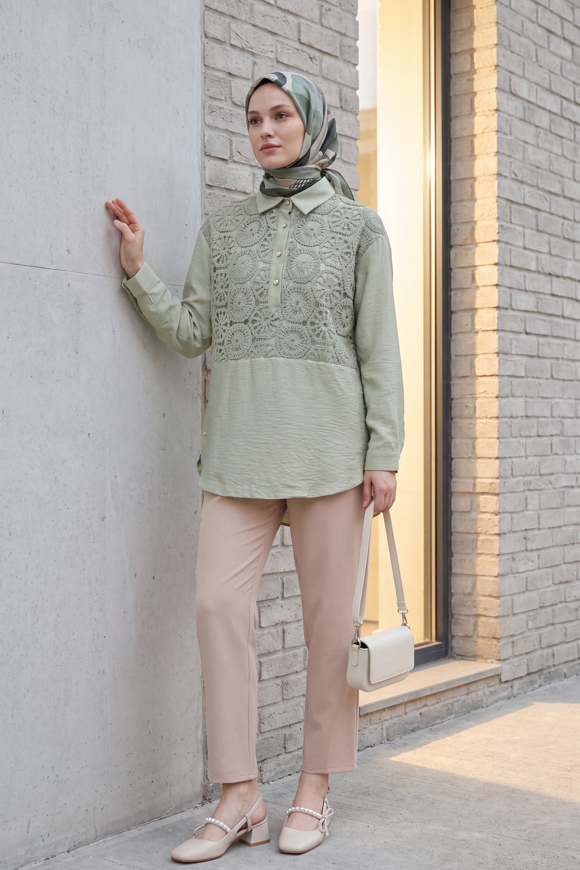 Lace Trim Button Detail Tunic Shirt - Light Green - Podyumplus - by Peralane - photo 4