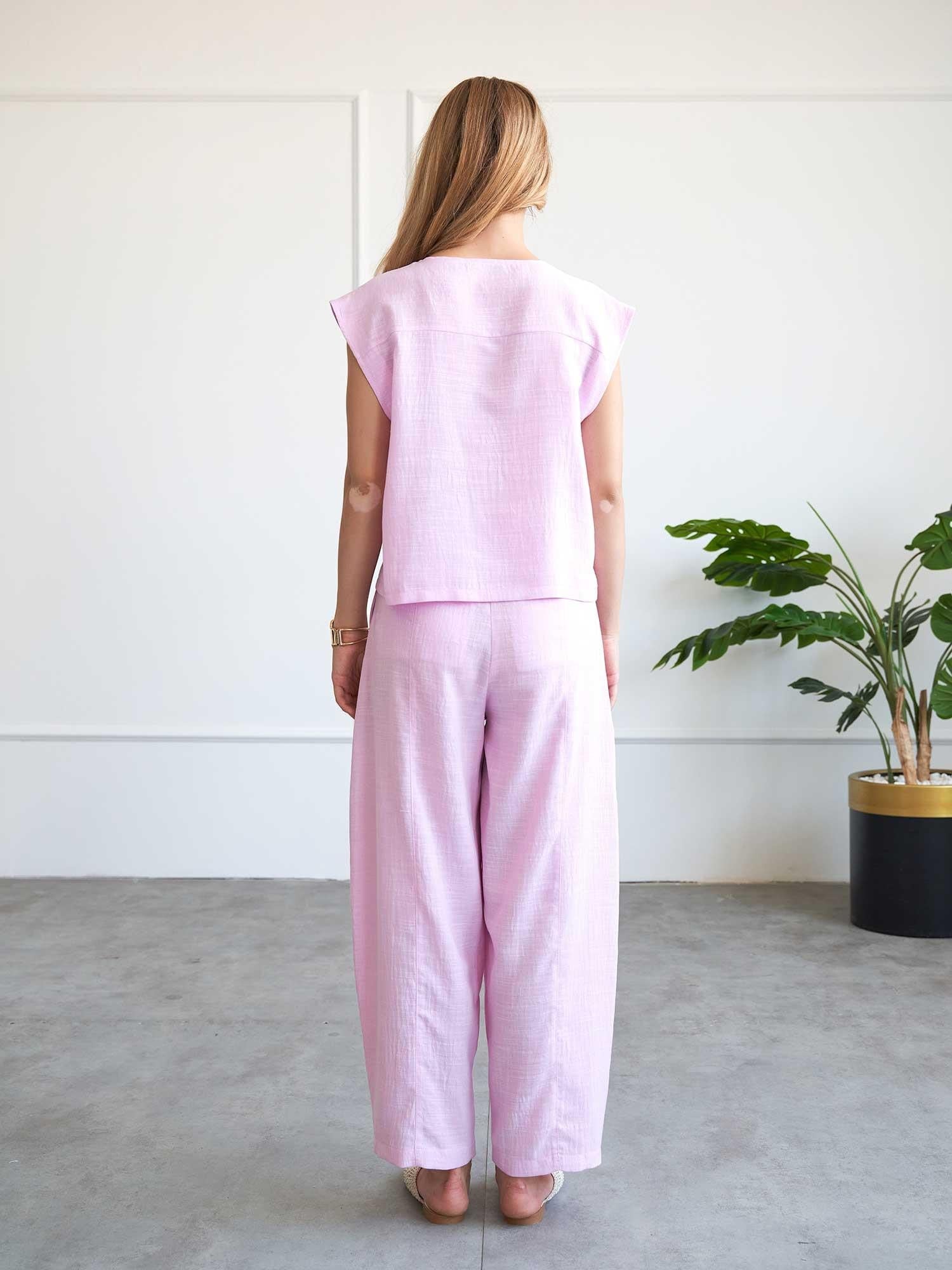 Light Pink Mandarin Collar Linen Blend Two-Piece Set for Women - Lefon - by Peralane - photo 5