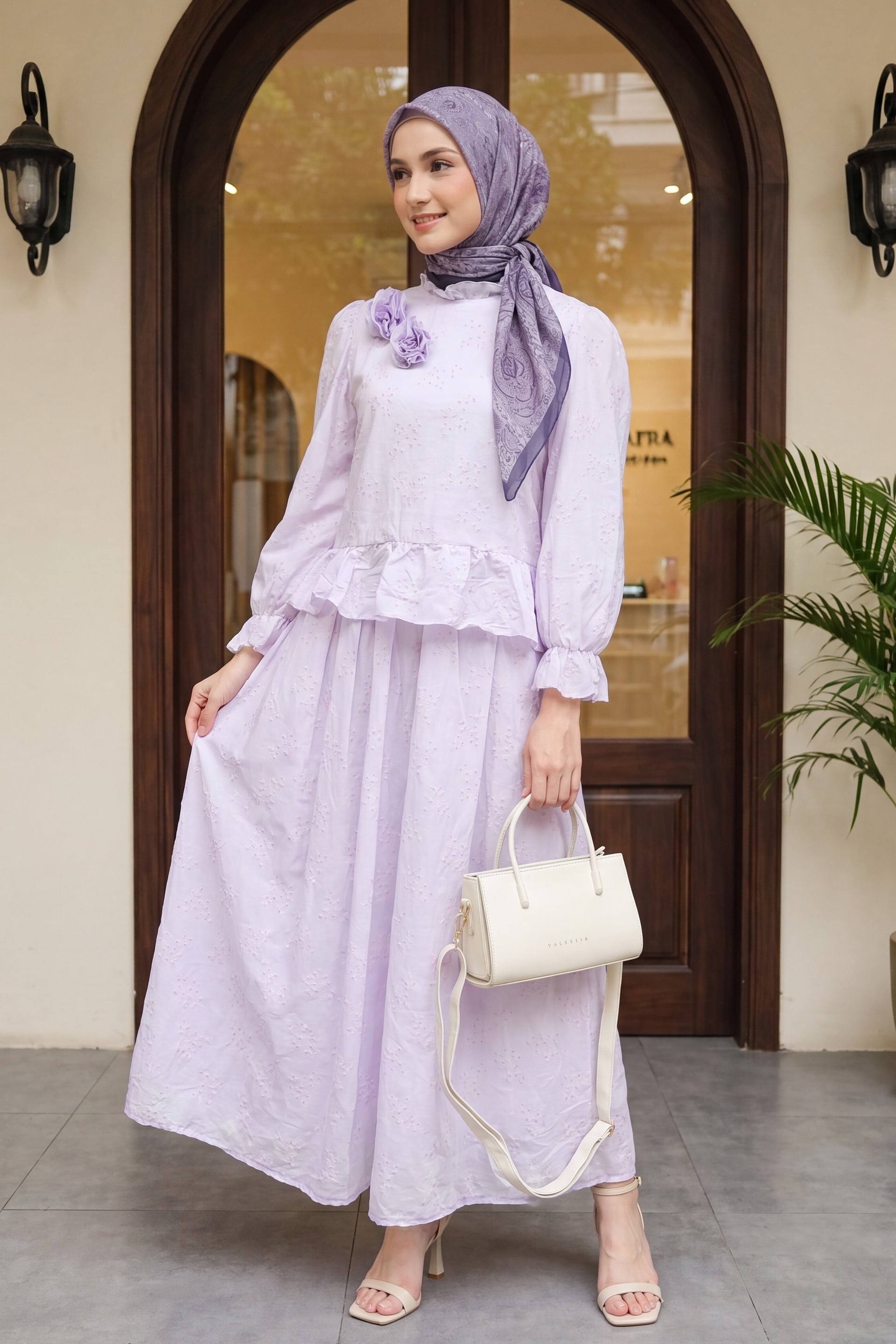 Lilac Floral Embroidered Voile Two-Piece Set with Peplum Top and Long Skirt - Podyumplus - by Peralane - photo 2