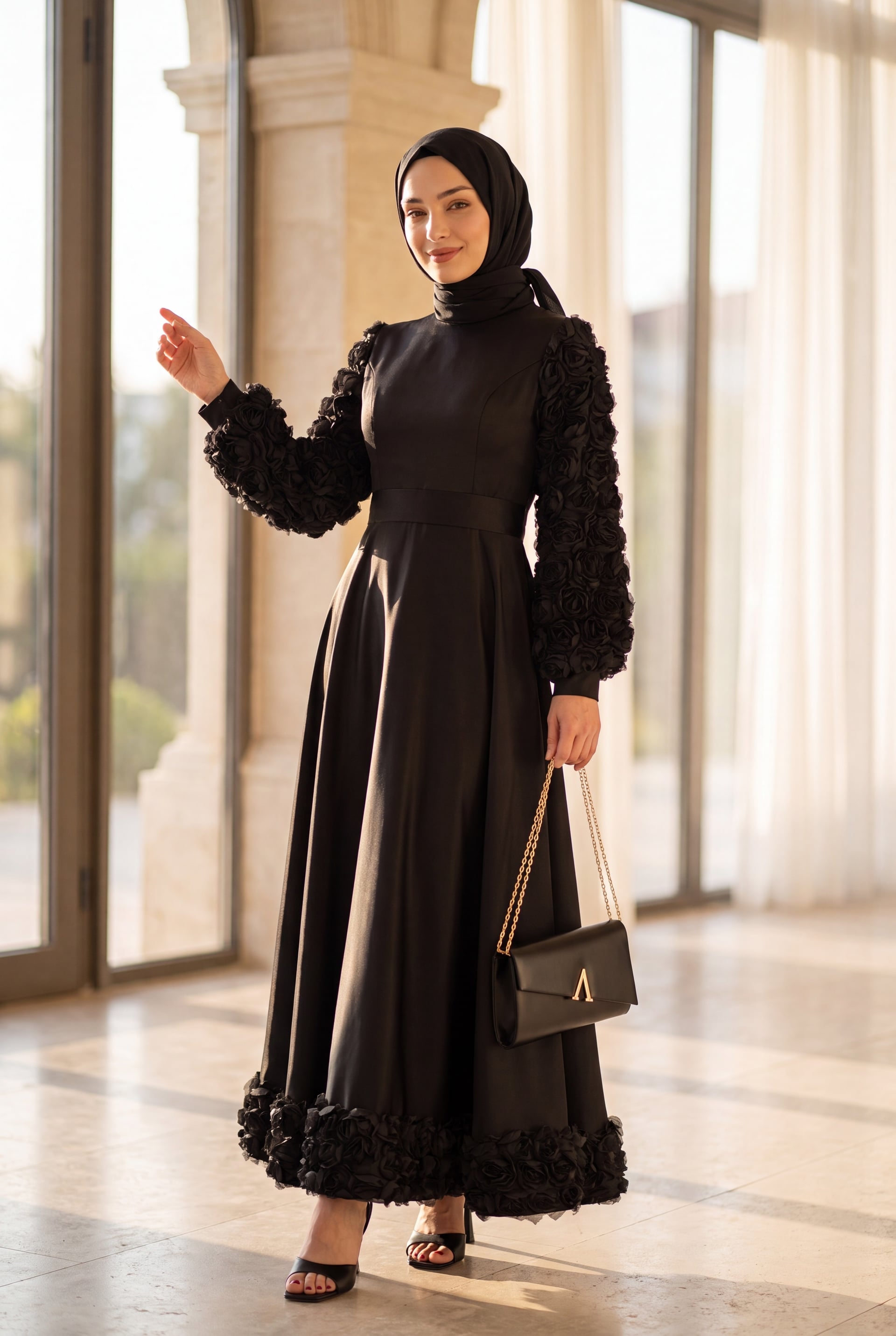 Black Satin Evening Dress with Rose Details - Podyumplus - by Peralane - photo 2